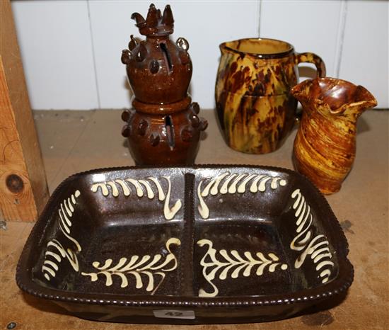 Slipware jug, agate vase, money box and a dish